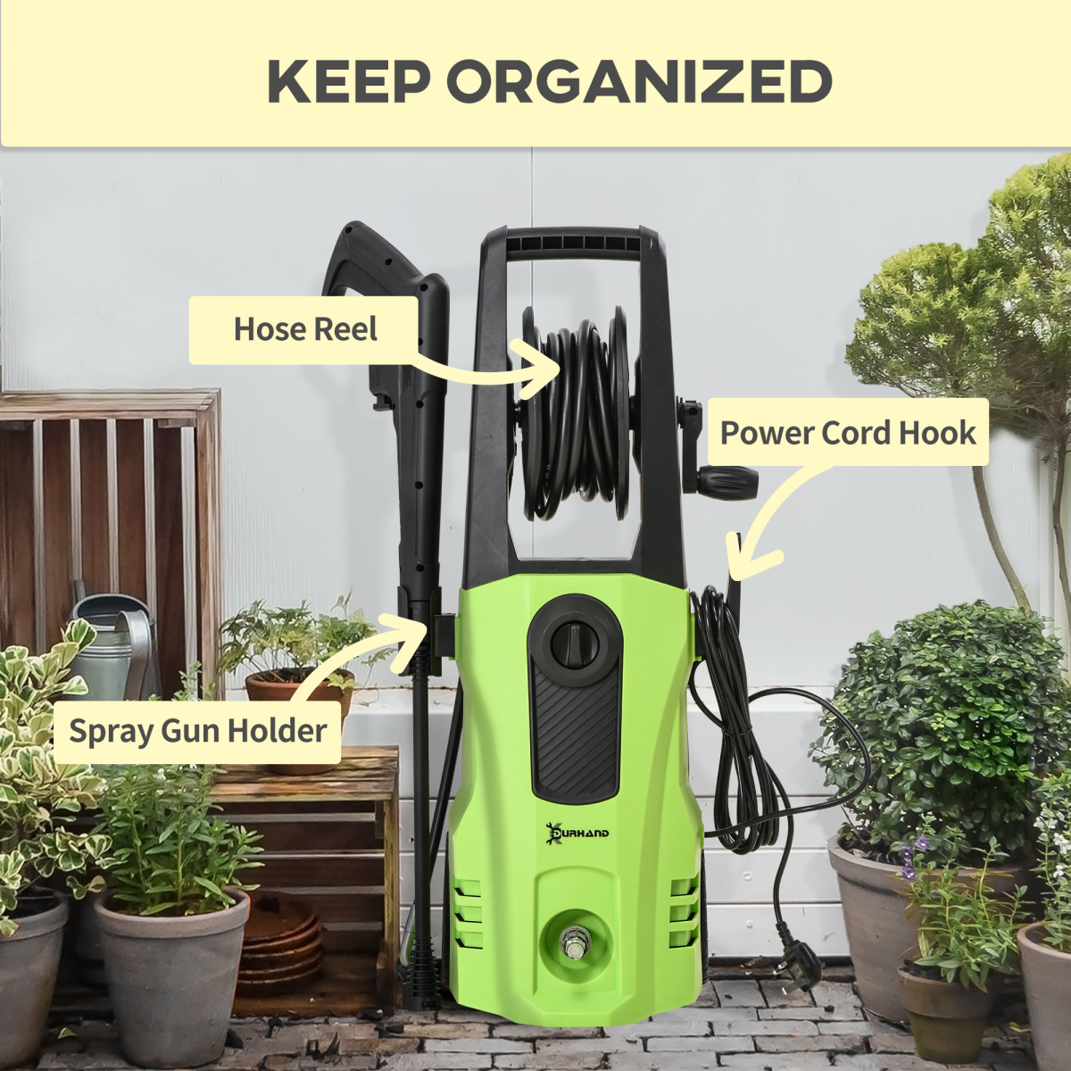 DURHAND Portable Power Washer 1800W, 150 Bar, 510 L/h with Snow Foam Bottle – Jet Washer for Garden, Car, Furniture