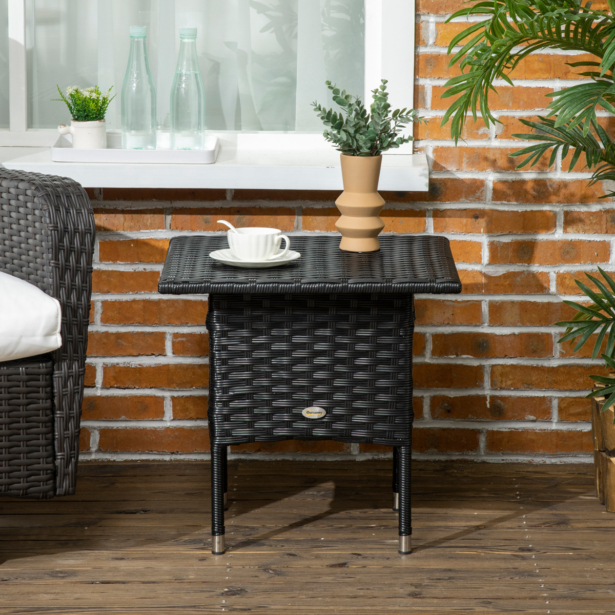 Outsunny PE Rattan Outdoor Coffee Table with Galvanised Steel Frame – Patio & Garden Side Table, Black