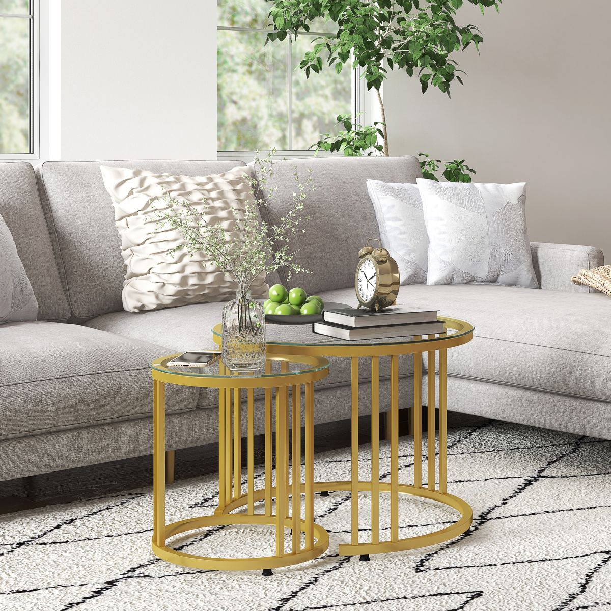 HOMCOM Set of 2 Round Nesting Coffee Tables with Tempered Glass Tops – Space-Saving Gold Tone Side Tables