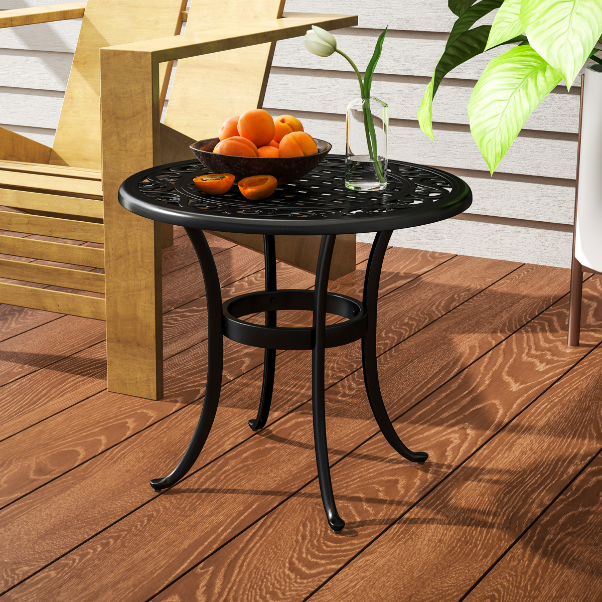 Outsunny Cast Aluminium Garden Side Table with Adjustable Footpads, 60kg Capacity – Outdoor Patio Table, Black