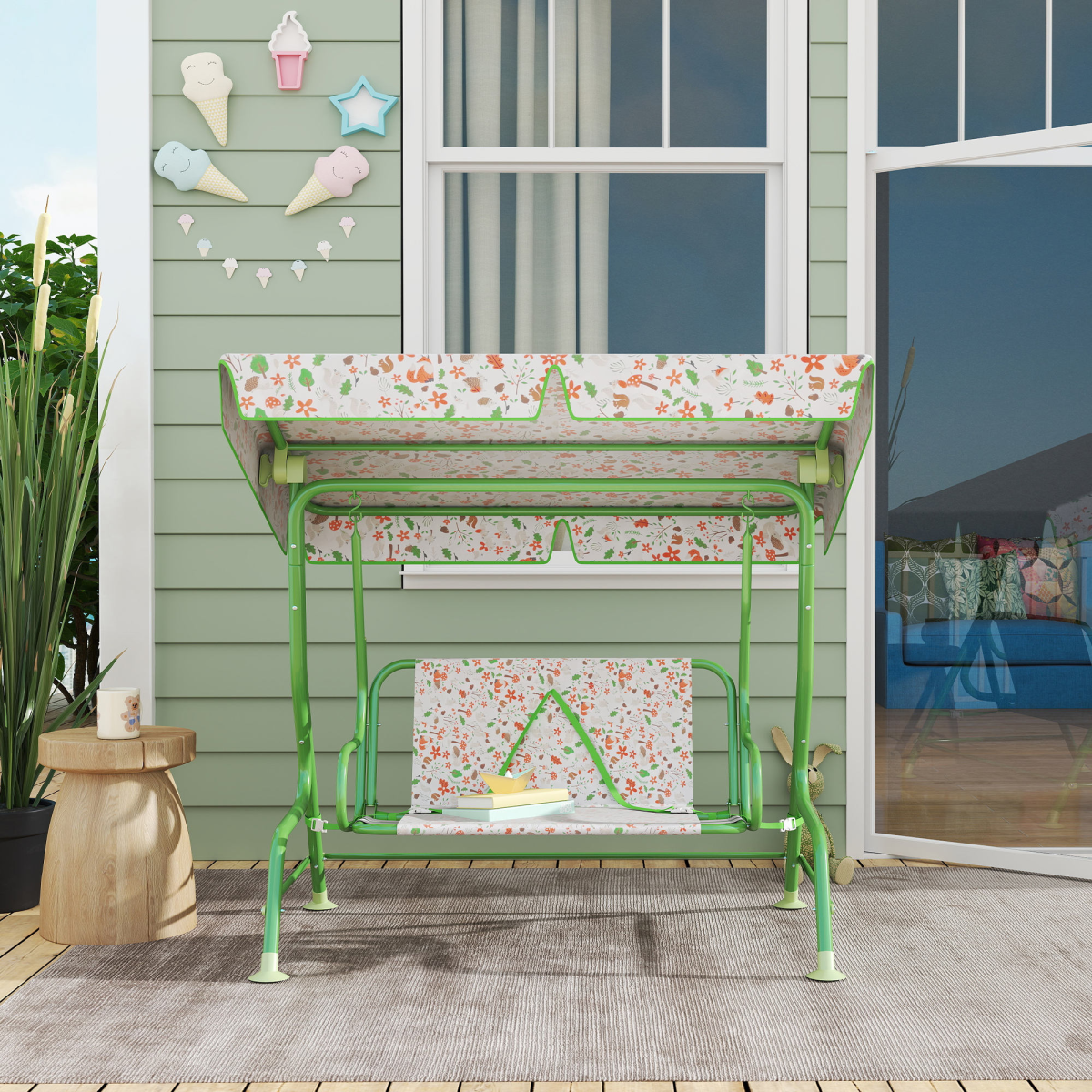 AIYAPLAY Kids Fox Pattern Swing Seat with Adjustable Canopy and Safety Belts – Outdoor Garden Play, Green