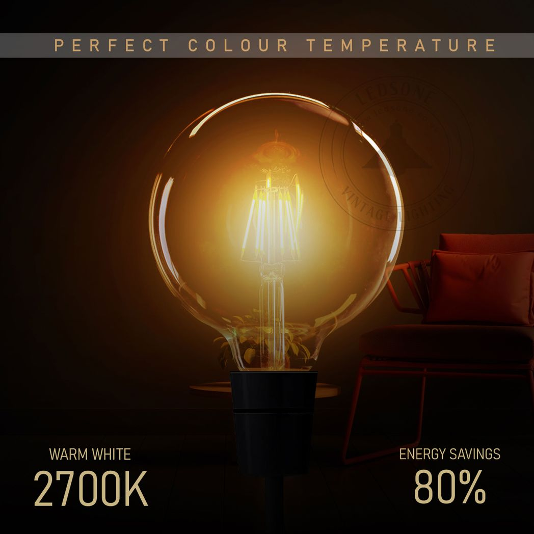 Ledsone 5 Pack E27 Dimmable LED Edison Bulbs, G125 Amber Glass – 8W Warm White 2700K Vintage Filament