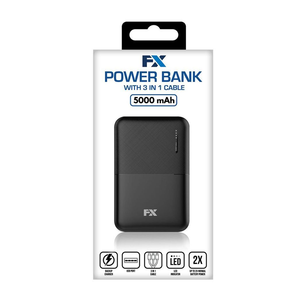 FX Power Bank 5000mAh with USB-C Input, 2 USB Outputs & LED Indicator – Portable Smartphone Charger, Black