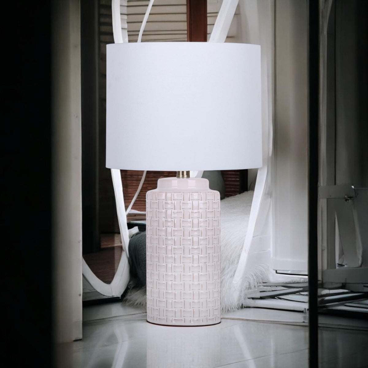 Cream Ceramic Striped Table Lamp with Handmade Drum Shade – Living Room & Bedroom Lighting