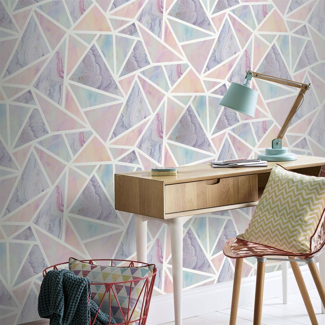 Arthouse Pastel Geo Multi Geometric Wallpaper with Glitter Highlights – Pink & Purple Marble Feature Wall