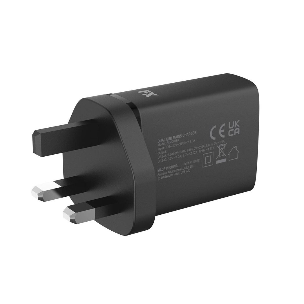 FX Dual UK Mains Charger with USB-C and USB-A Ports – Compact 2-Port Travel Wall Plug, White