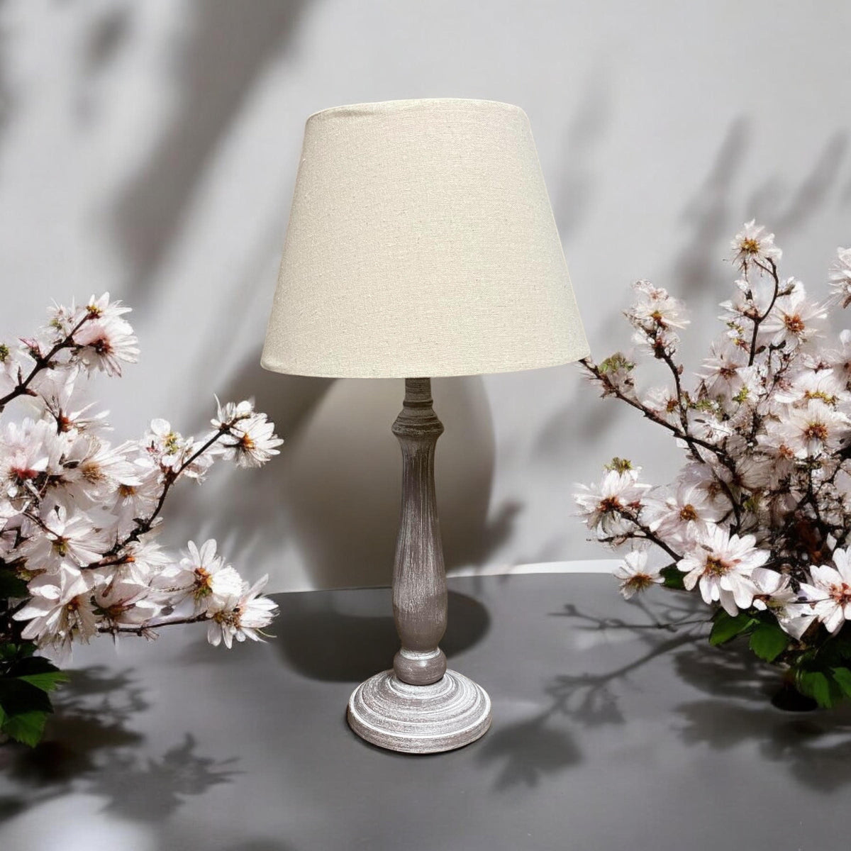 AcaciaHome Tall Wooden Washed Table Lamp, 45cm – Taupe Linen Shade, Shabby Chic for Bedroom or Living Room