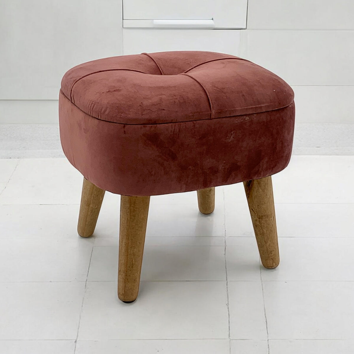 AcaciaHome Round Velvet Ottoman Footstool with Lift-Up Storage – Traditional Pattern for Living Room or Office, Pink