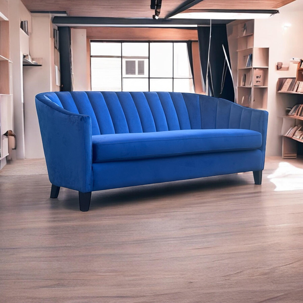 AcaciaHome 3-Seater Velvet Tub Sofa with Drop Arms and Medium-Firm Foam – Living Room Seating, Blue Velvet