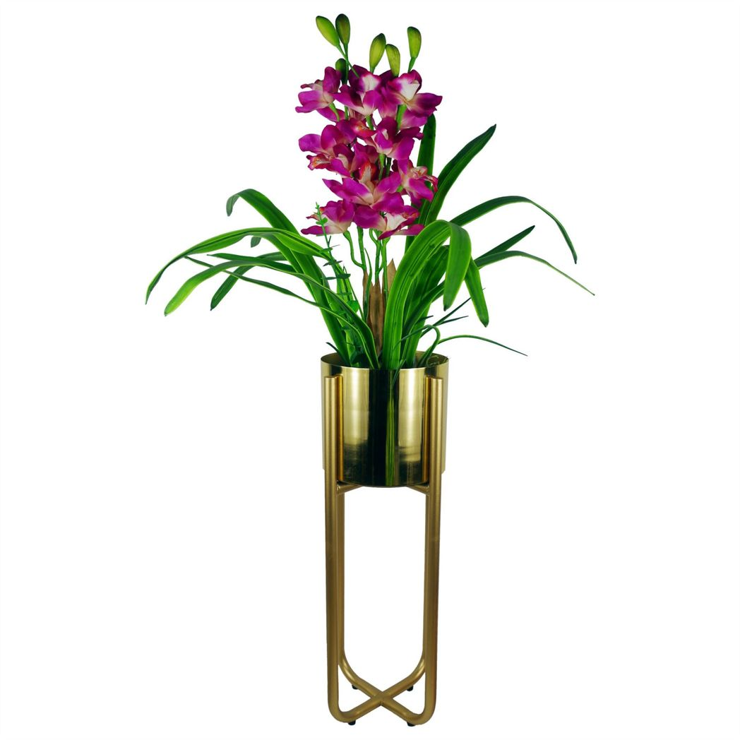 Tall Black Plant Stand with Copper Metal Planter – 62cm Indoor Planter Stand, Adjustable Feet
