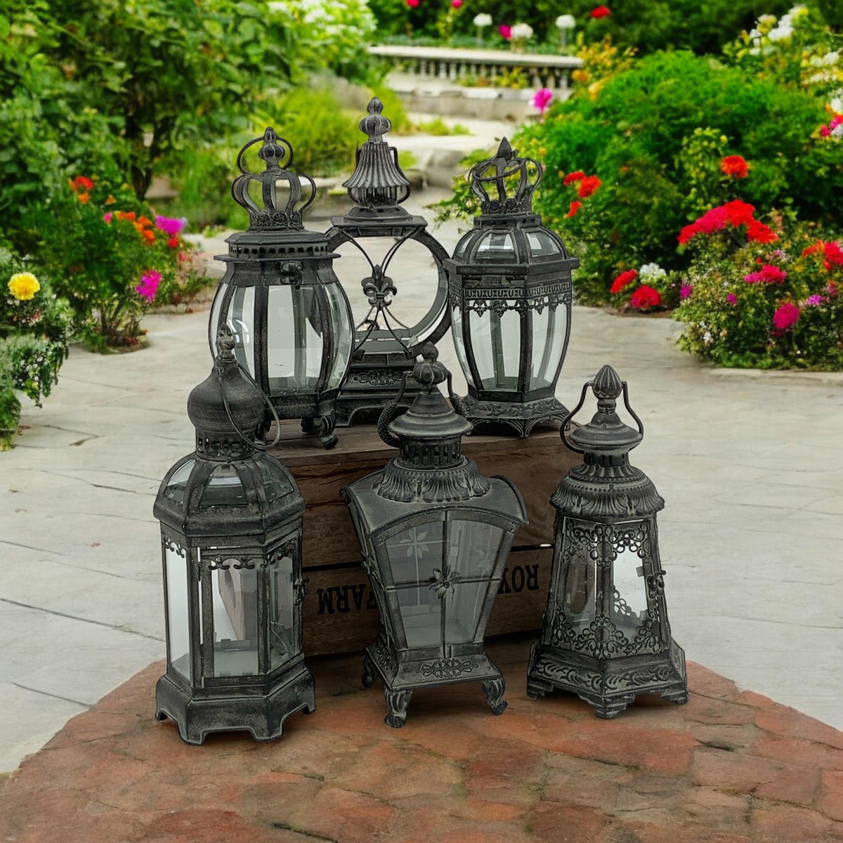 Grey Metal Tealight Lantern Set of 6 with Glass Panels – Art Deco Candle Holders for Home & Garden, 32–42cm