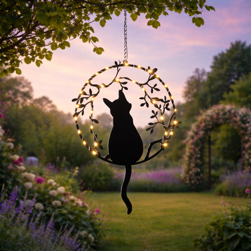 Avilo Hanging Solar Cat Garden Light with 24cm Chain – Powder-Coated Iron Outdoor Decoration