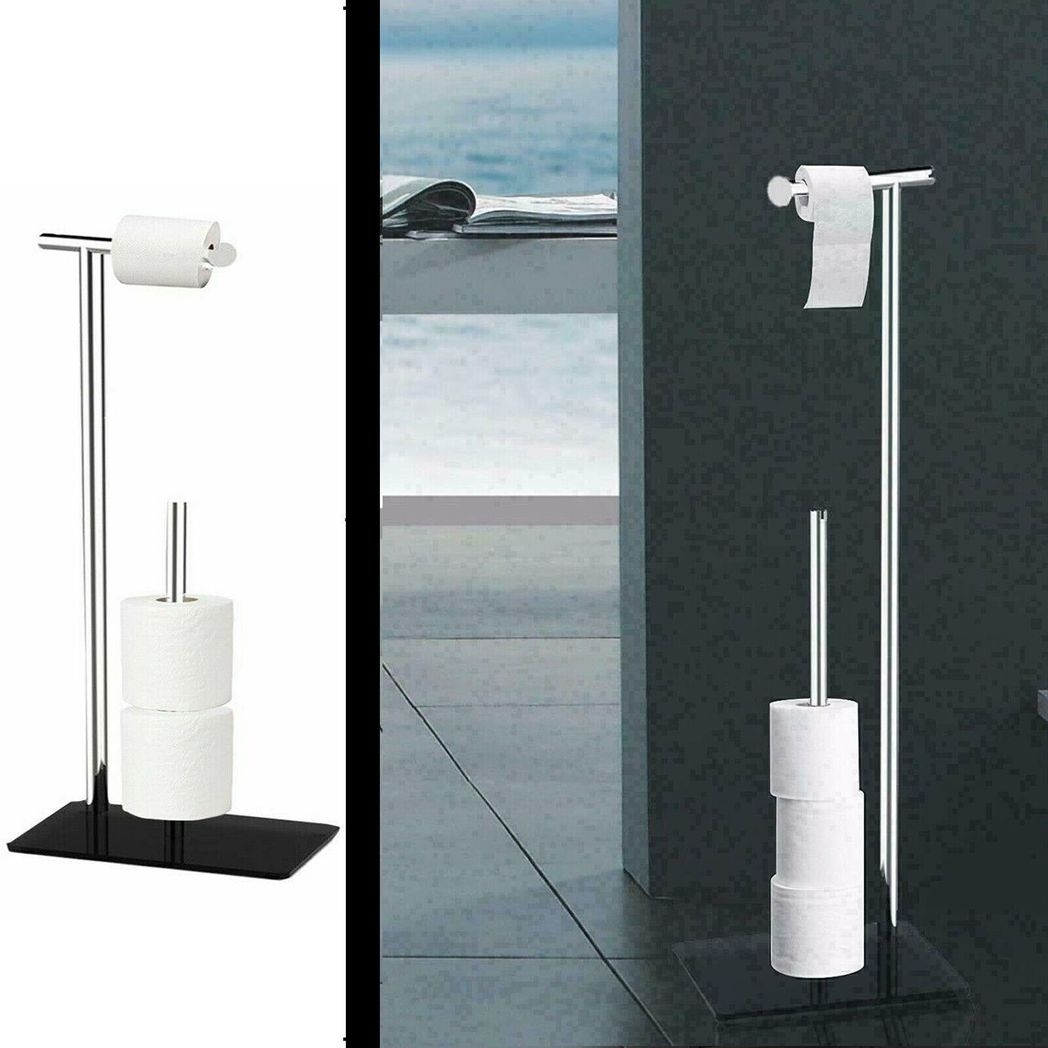 Free-Standing Toilet Roll Holder & Storer with Tempered Glass Base – Modern Stainless Steel Finish