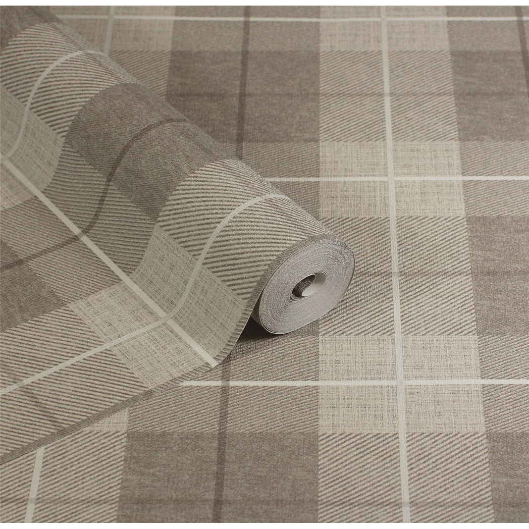 Arthouse Country Tartan Heavyweight Vinyl Wallpaper – Hardwearing Textured Hallway Design, Taupe