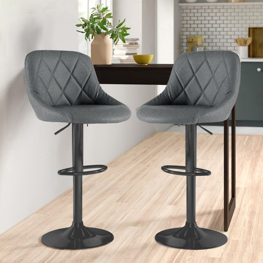 Neo Madrid Set of 2 Swivel Fabric Bar Stools – Gas Lift, Quilted Seat, Dark Grey