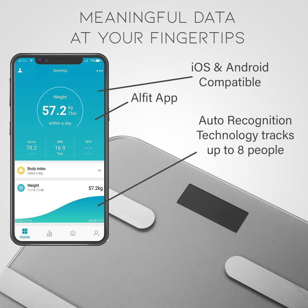 Aquarius 16 in 1 Bluetooth Smart Body Analysis Scale with AIFit App – Digital Bathroom Scale, Silver