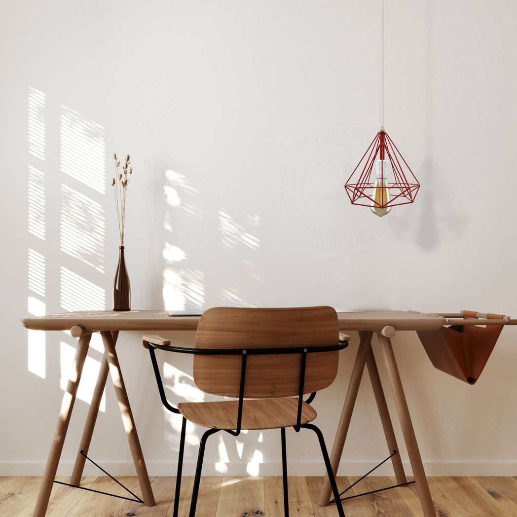 LEDSONE Single Red Vintage Industrial Cage Pendant Light, E27 Loft Style Metal Lamp – Bedroom & Living Room