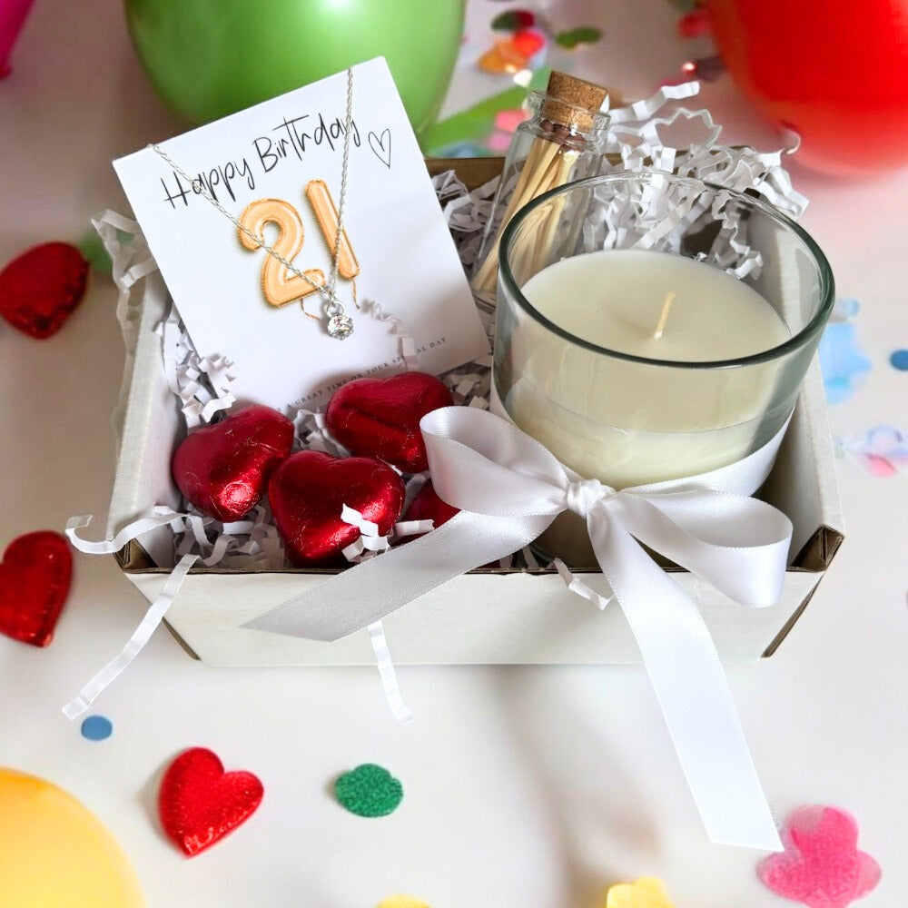 21st Birthday Gift Hamper – Cubic Zirconia Sterling Silver Necklace, Milk Chocolates & Linen Scented Candle