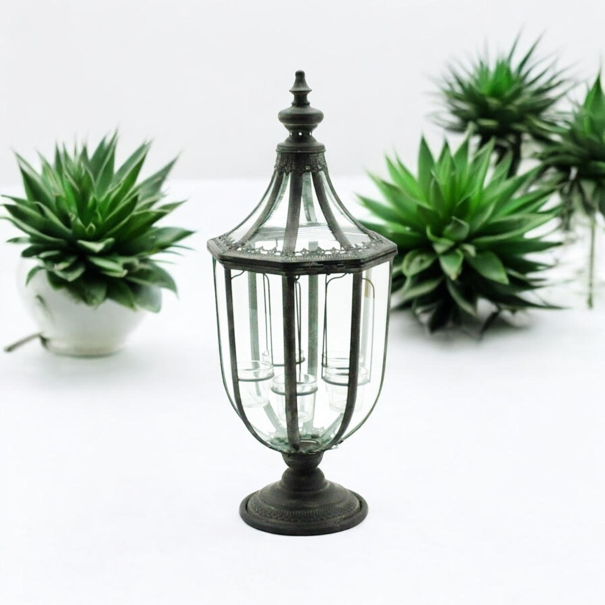 77cm Metal & Glass Candle Lantern – Antique Style Garden Lantern for Patio & Pathways