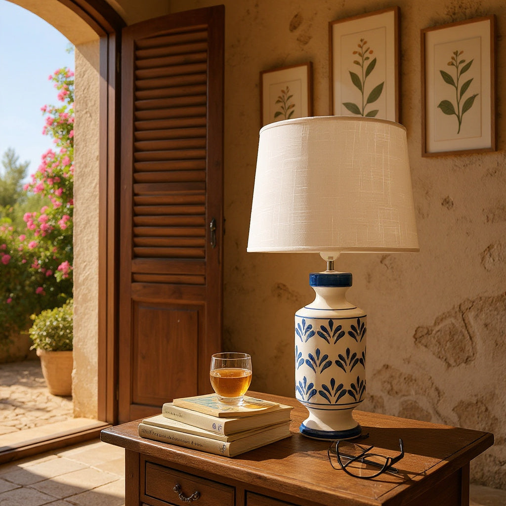 Oriental Floral Ceramic Table Lamp with Drum Shade – 37/50cm Bedside & Accent Lighting