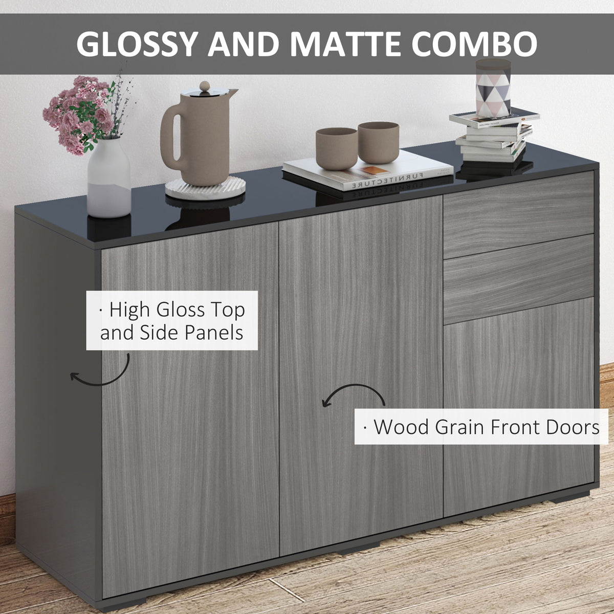 Gloss & Matte Side Cabinet with 2 Doors & 2 Drawers – Home Office Storage, Grey & Black