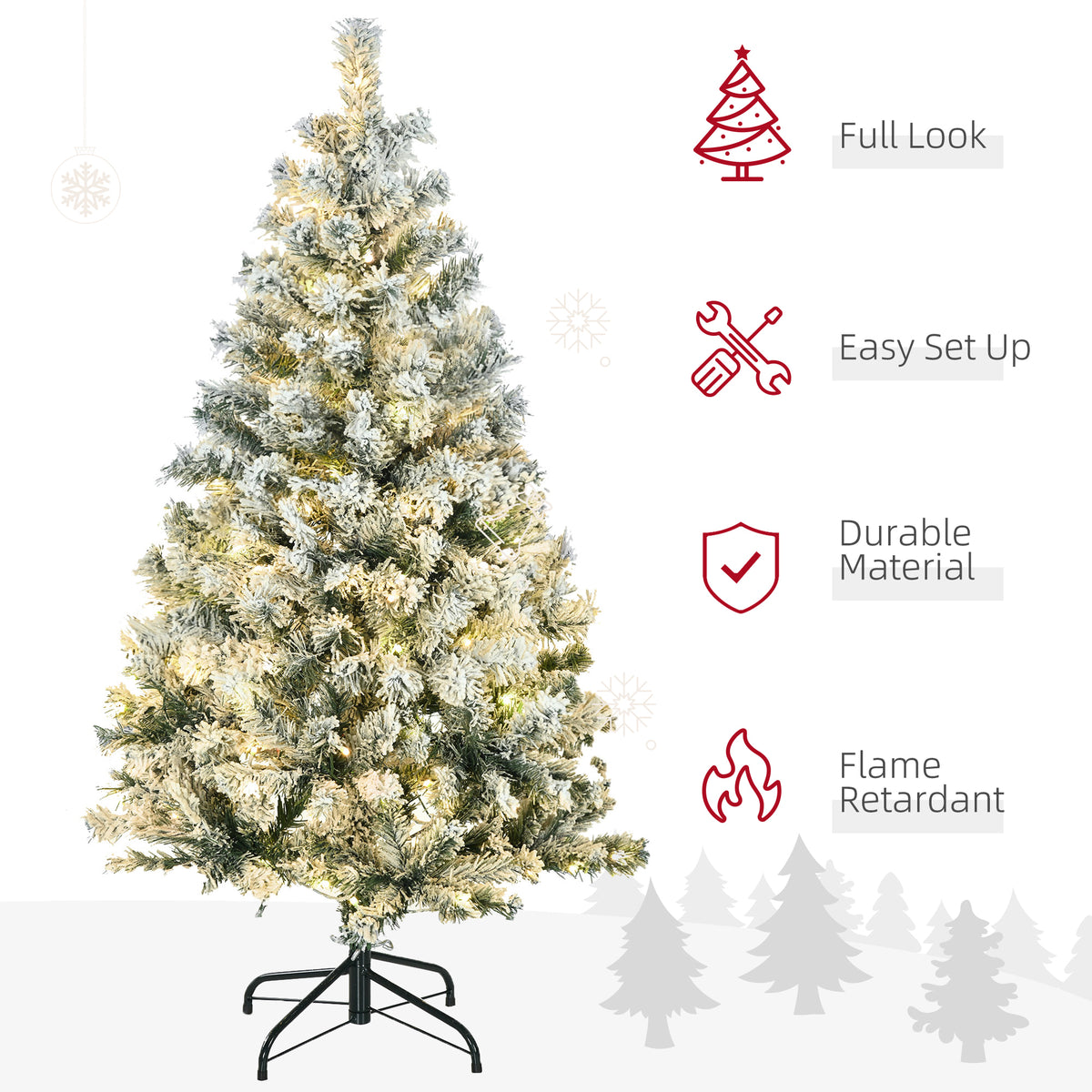 HOMCOM 4.5ft Artificial Flocked Christmas Tree with 150 LED Lights, Snow-Tipped Branches – Indoor Xmas Decor