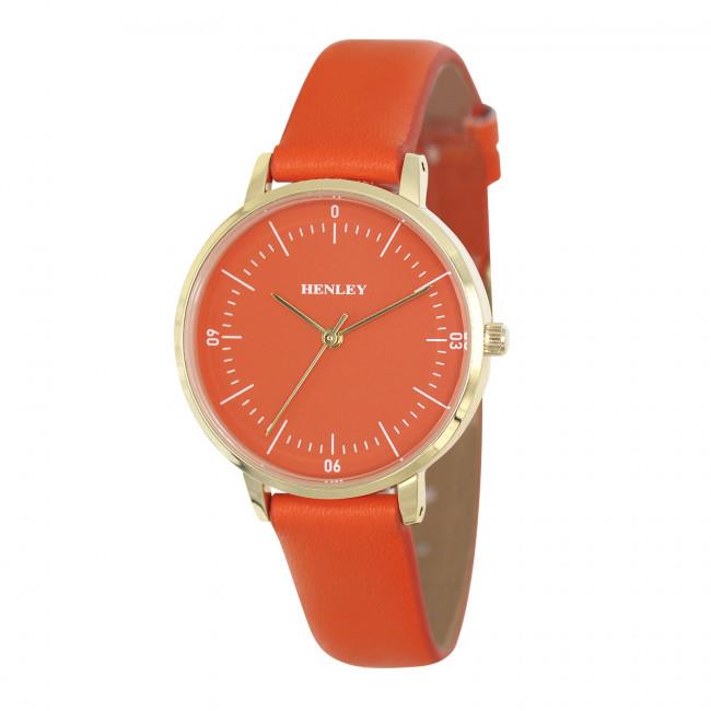 Henley Ladies Minimalist Watch – Polished Round Silver-Tone Case, Orange Leather Strap