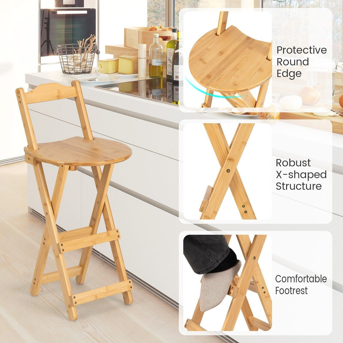 Foldable Bamboo Bar Stool with Backrest – Counter Height Kitchen Stool, Space-Saving Folding Design