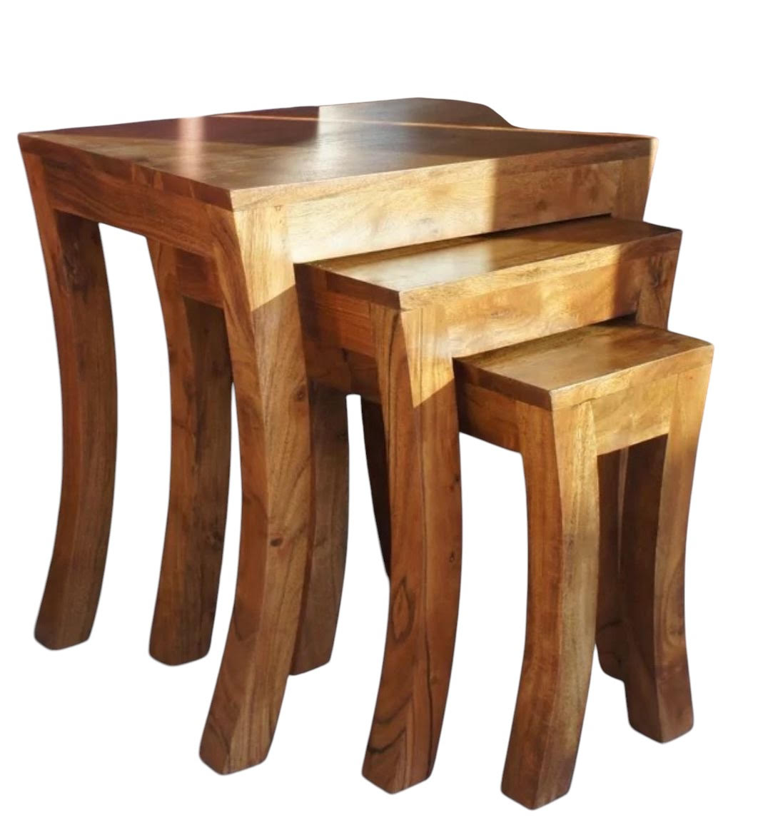 AcaciaHome Set of 3 Solid Wood Nesting Tables – Space-Saving Side Tables, Natural Finish