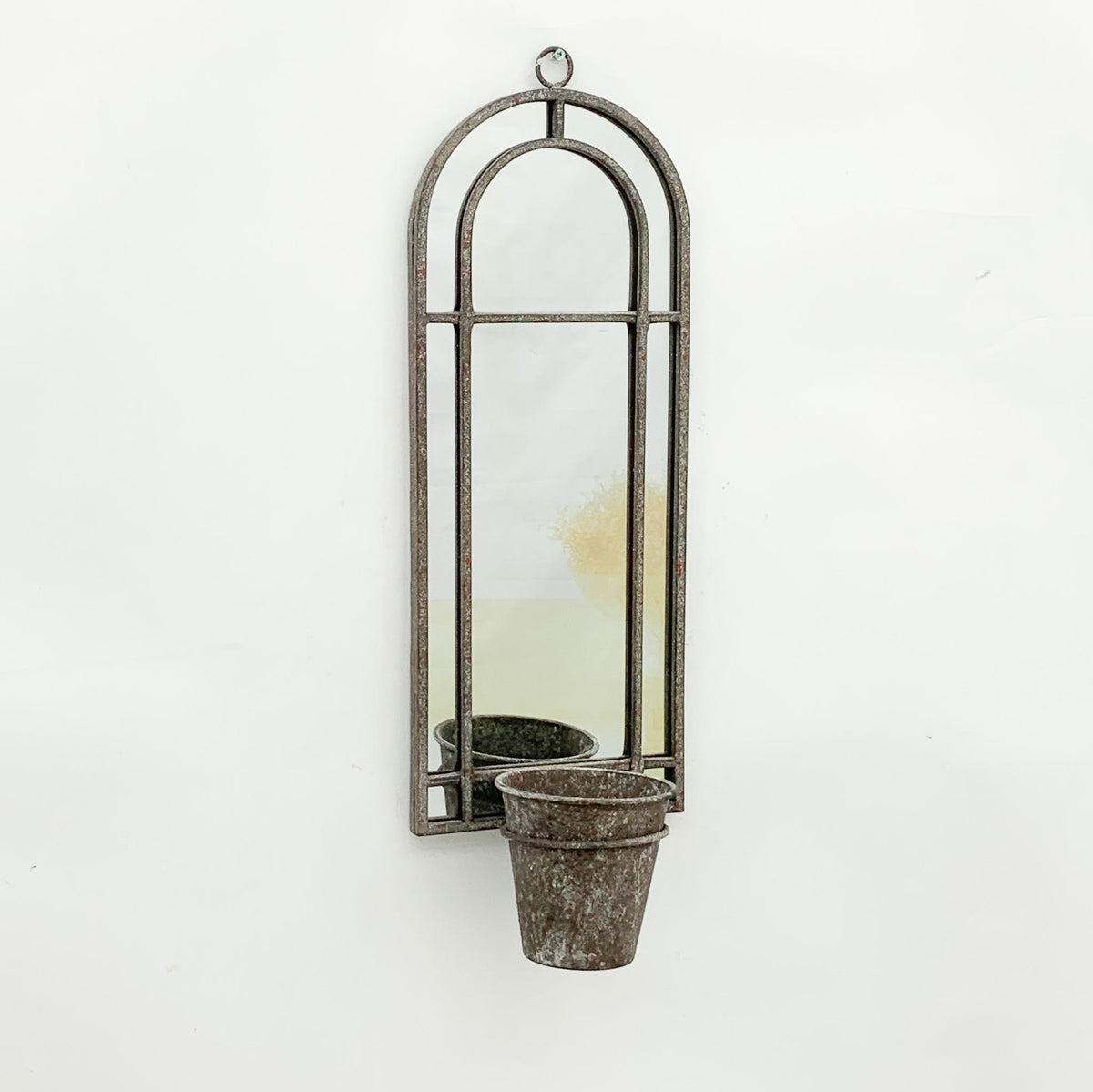 Elegant Rustic Arched Garden Wall Mirror with Flower Pot Holder – Patina Finish, Glass & Metal Frame