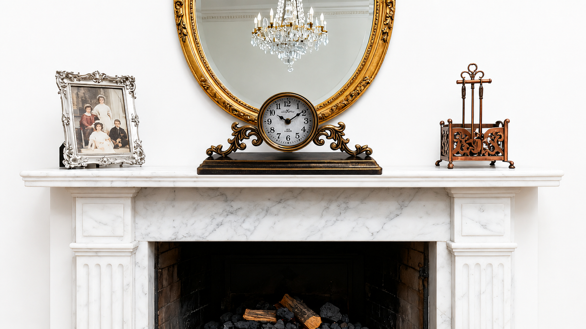 Avilo Regal Mantlepiece Table Top Clock in Iron and Glass – Elegant Mantel and Windowsill Decor