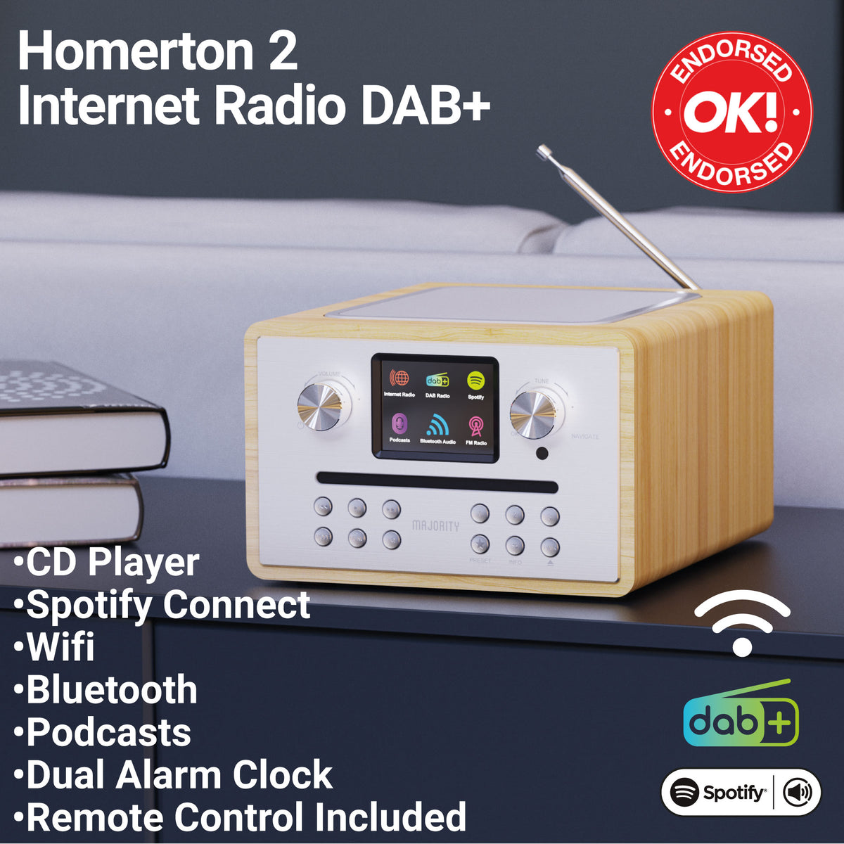 Majority Homerton 2 Music System with DAB+/FM Radio, CD Player, Bluetooth & Spotify Connect – Oak