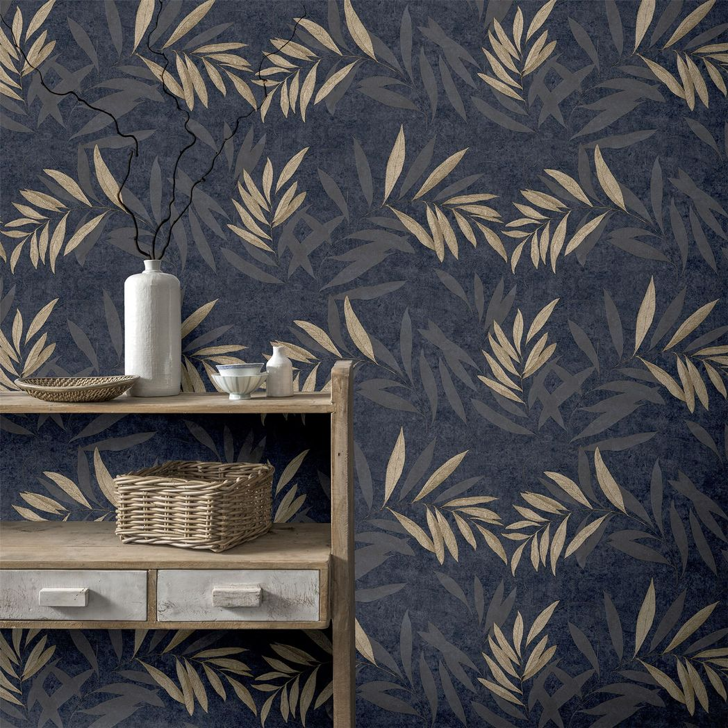 Arthouse Luxury Leaf Heavyweight Vinyl Wallpaper with Champagne Metallic Leaves – Paste the Paper, Navy