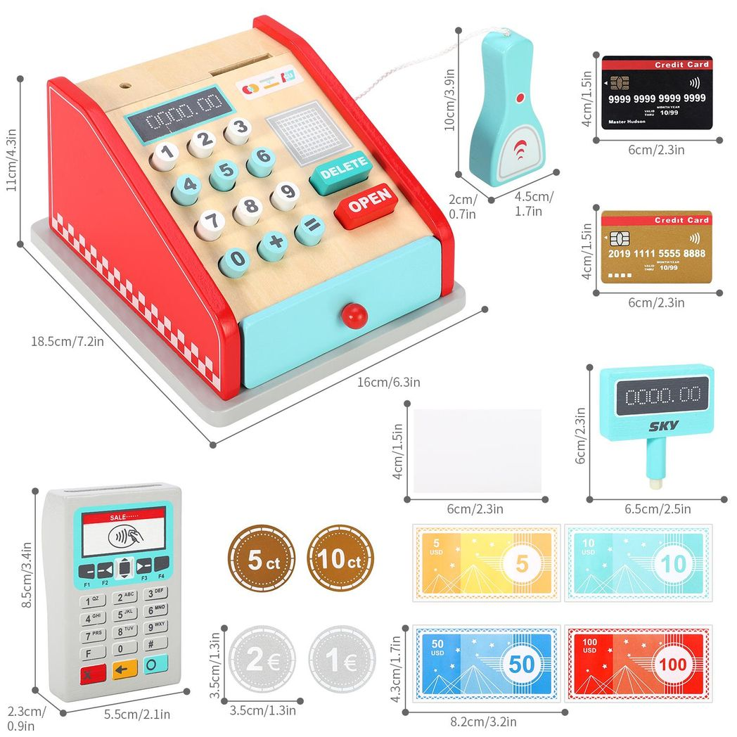 SOKA Wooden Cash Register Play Set with Realistic Accessories – Pretend Shop Toy for Kids, Red & Mint