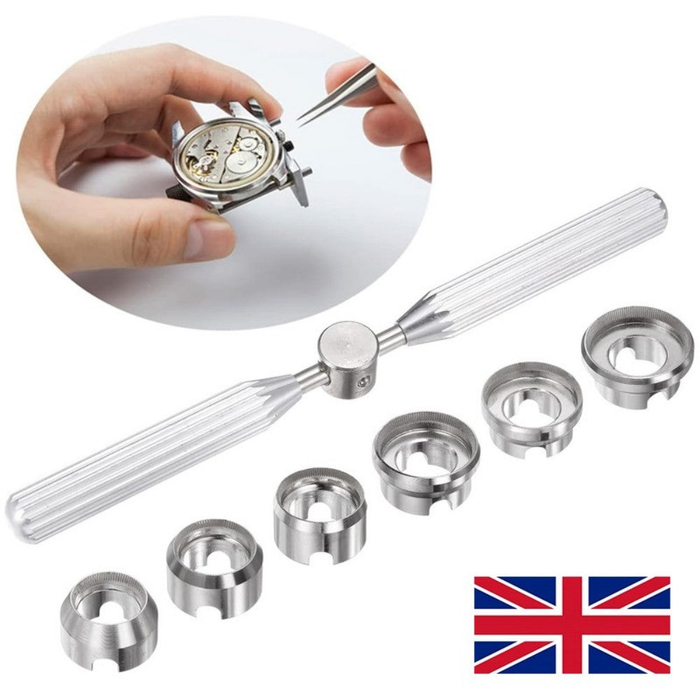 Watch Case Back Opener Tool Set with Wrench & 6 Grooved Rings, 18.5-29.5mm – Watch Repair Kit for Rolex, Tudor