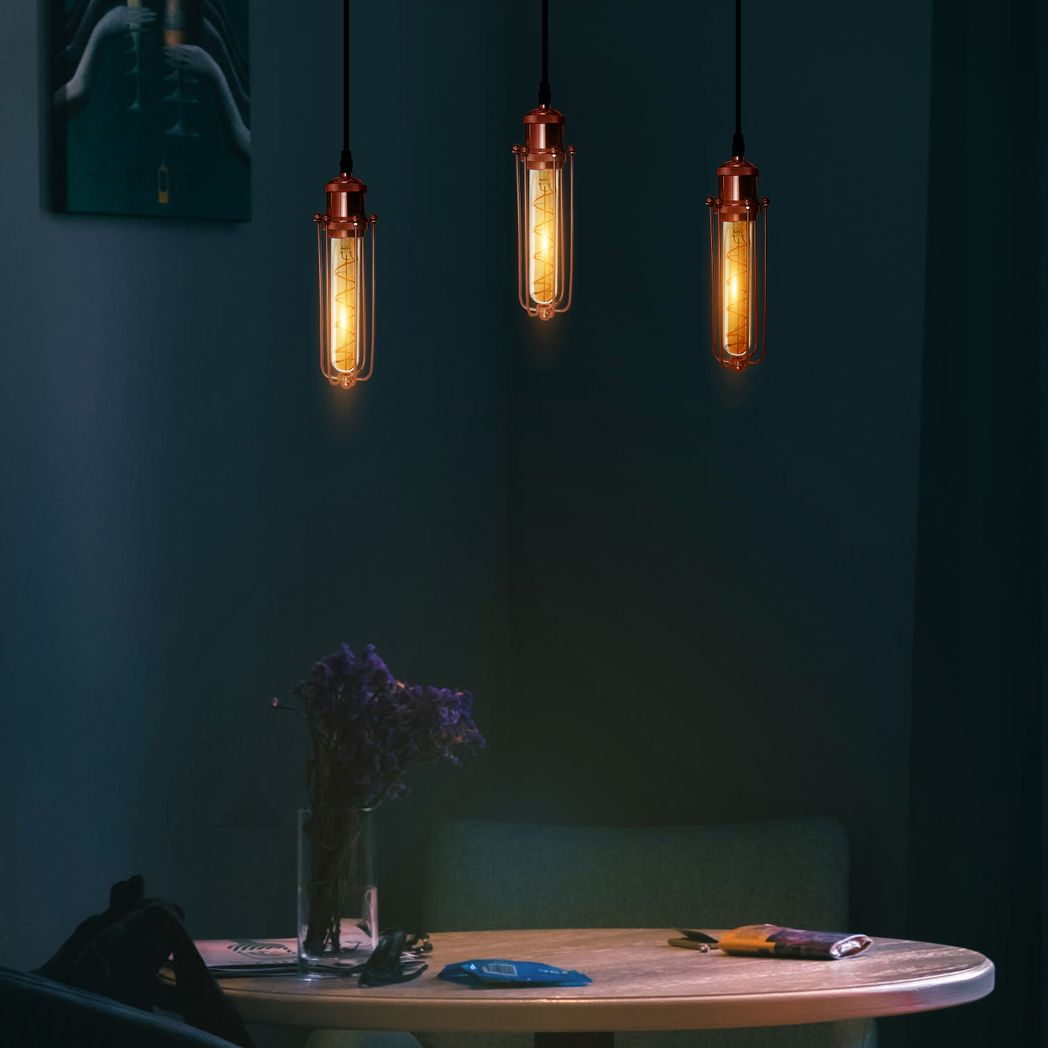 LEDSONE 3 Head Rectangle Rose Gold Wire Cage Pendant Light, E27 – Industrial Hanging Lamp for Kitchen Island