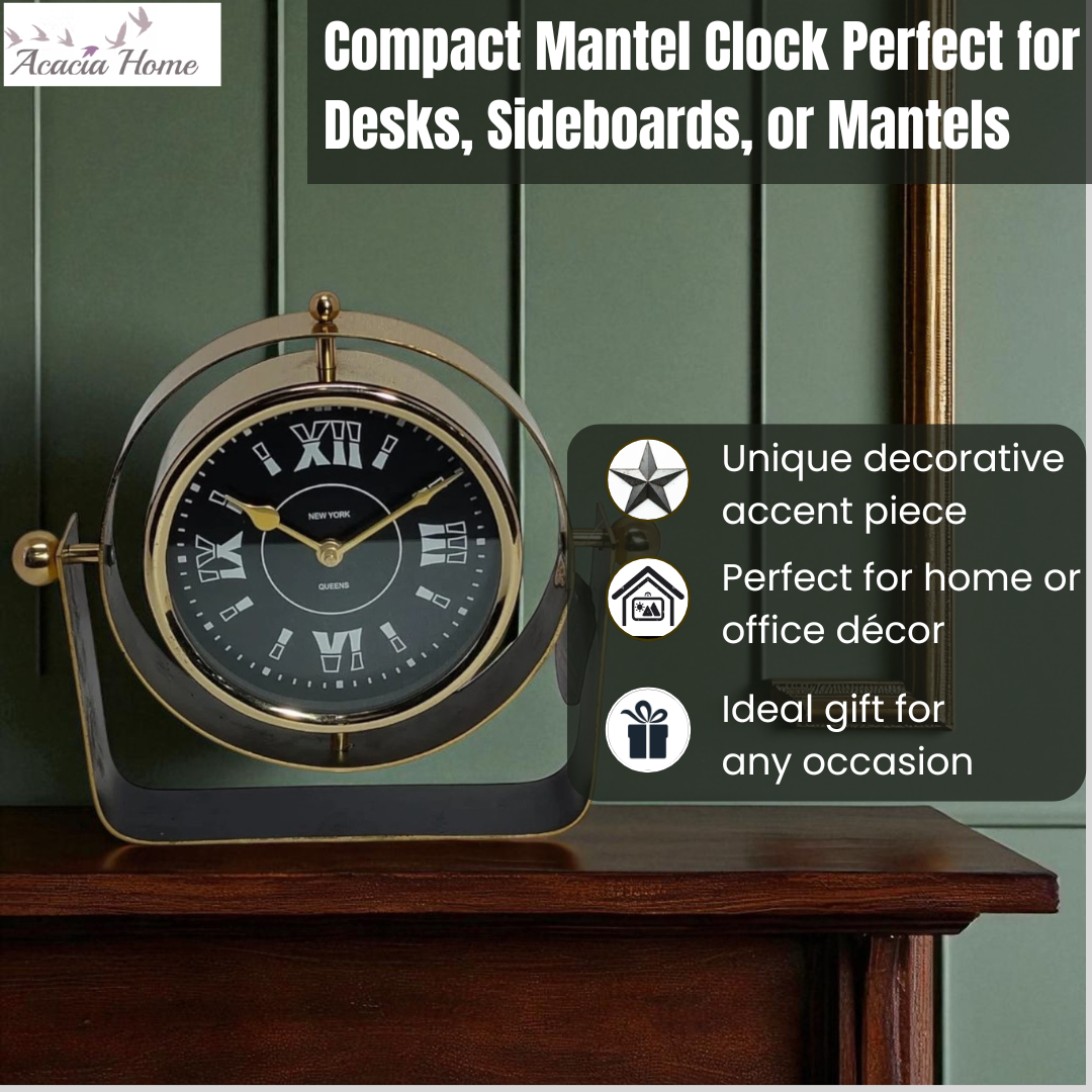Black Mantel Clock with Silent Sweep Movement – Elegant Tabletop Timepiece, Quiet Operation