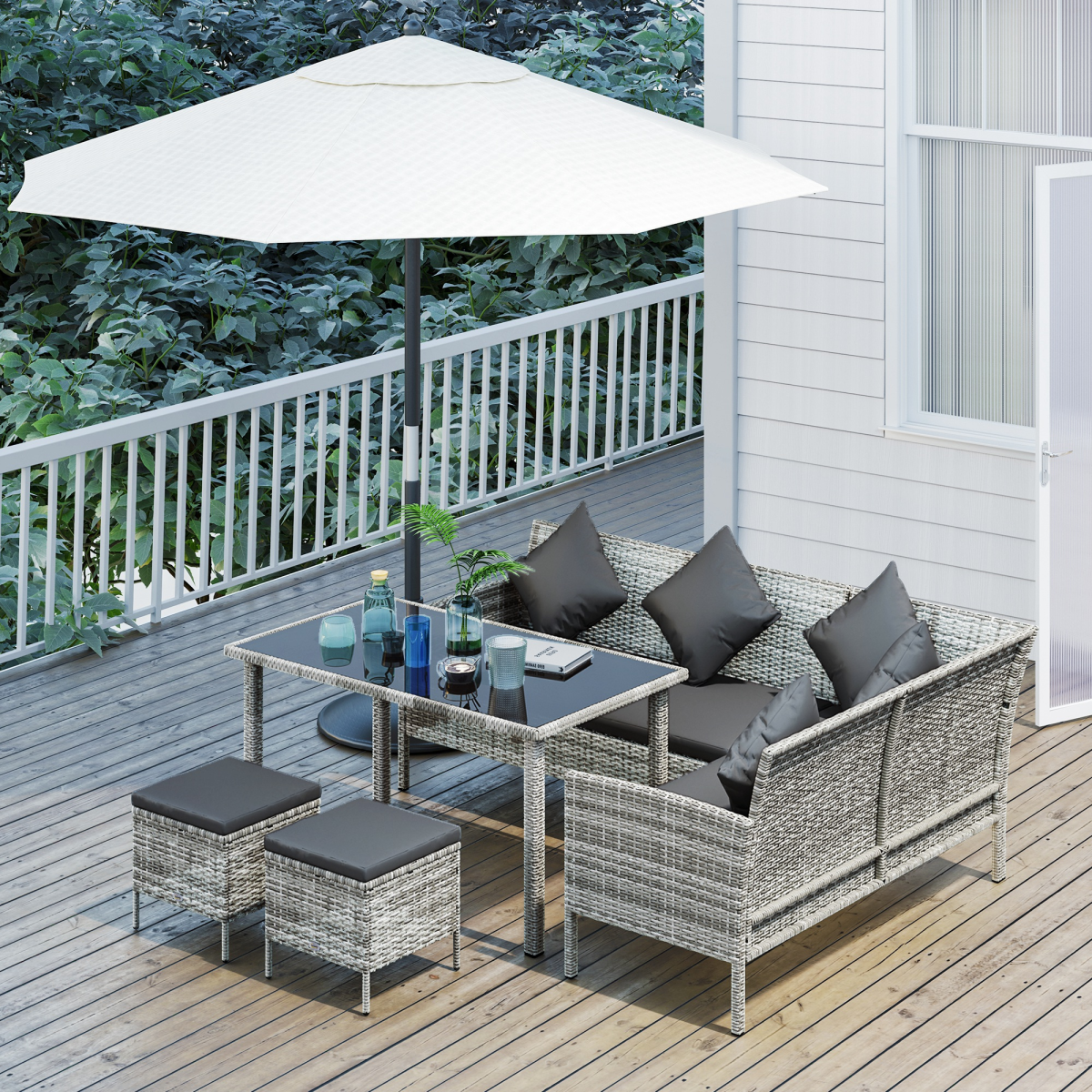 Outsunny 5-Piece Rattan Corner Sofa Dining Set with Glass Table and Footstools – Garden Furniture, Dark Grey