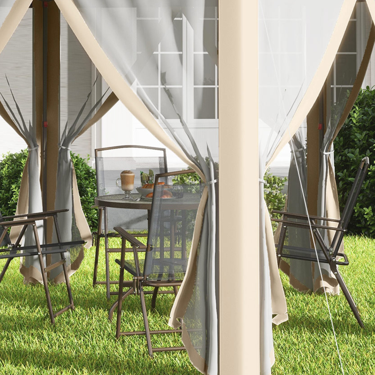 Outsunny 3 x 4m Hexagon Pop-Up Metal Gazebo with Six Mesh Curtains – Garden Party Tent, Khaki