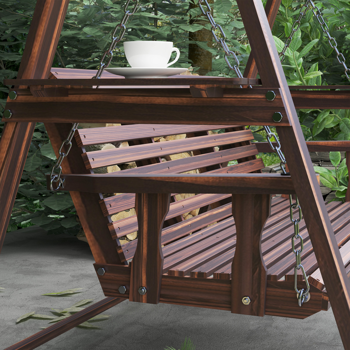 Outsunny 3-Seater Wooden Garden Swing Chair with Side Tables, Adjustable Chains and Cushion – Fir Wood