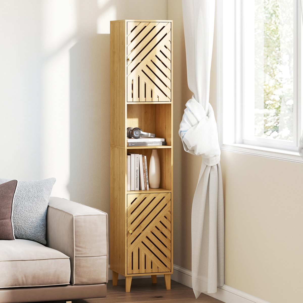 HOMCOM Tall Slim Bathroom Cabinet with Bamboo Doors, Open Compartments & Adjustable Shelves – Storage, Natural
