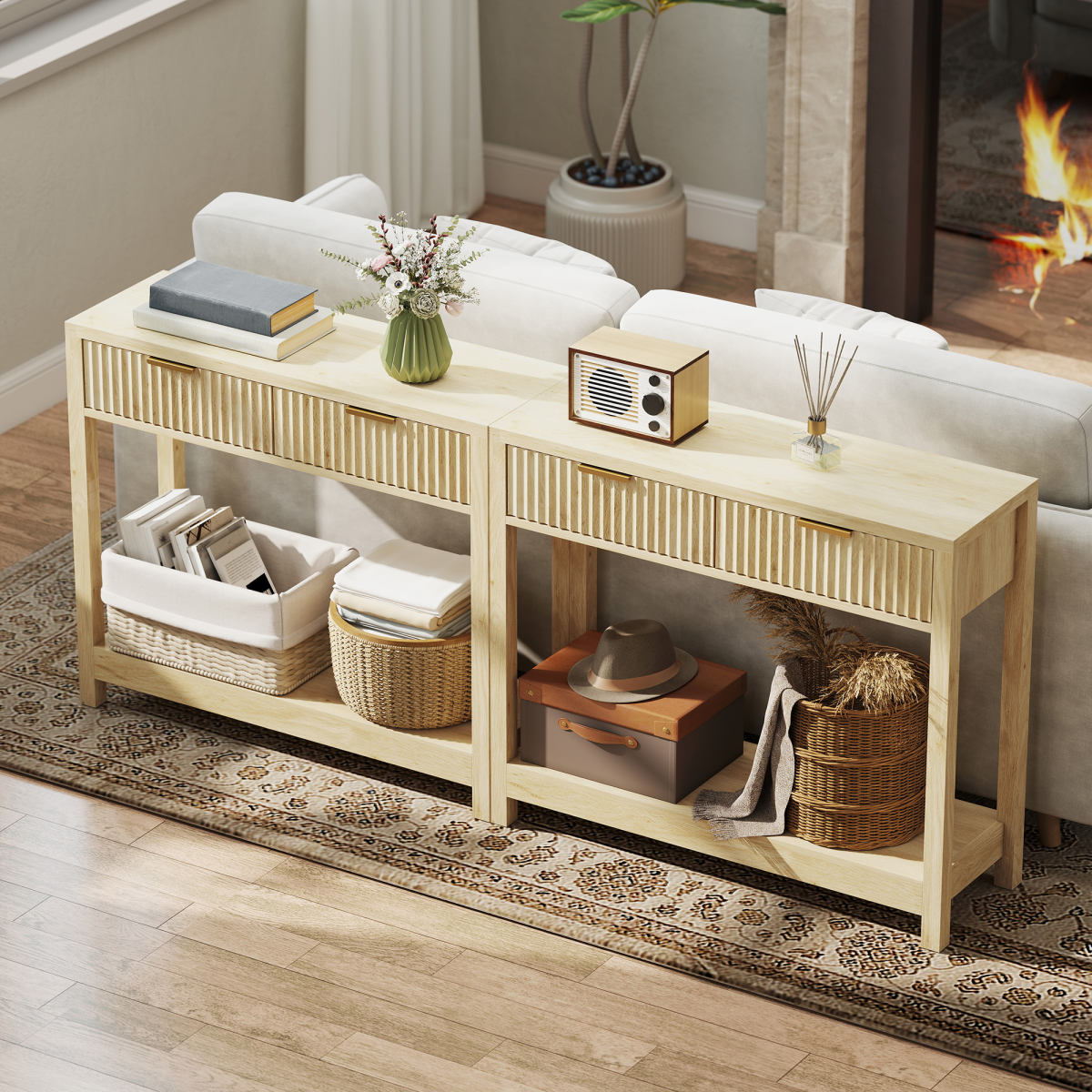 HOMCOM Narrow Console Table with 2 Fluted Drawers & Open Shelf – Slim Hallway Table, Natural