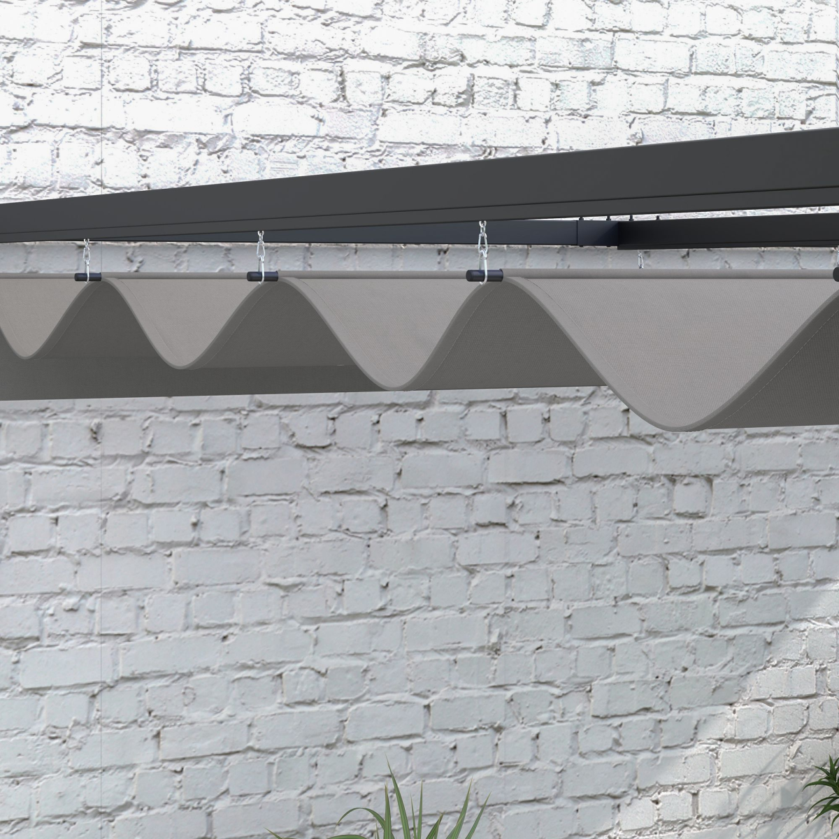 Outsunny 3x4m Wall Mounted Pergola with Retractable Canopy – UV-Resistant Sun Shade, Dark Grey