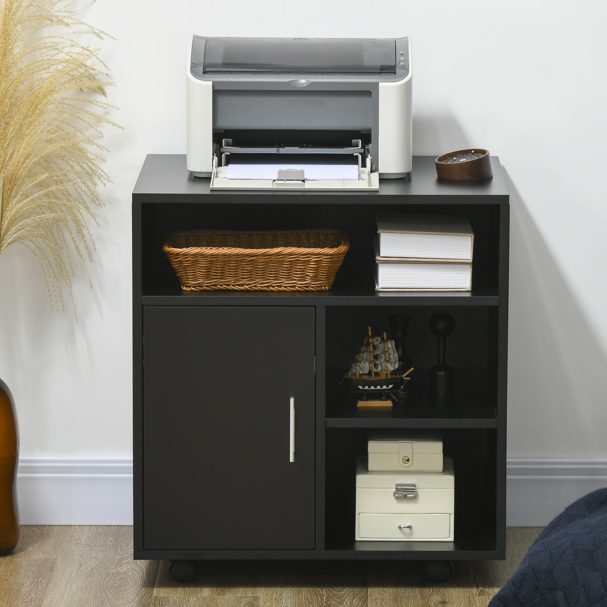 HOMCOM Multi-Storage Printer Unit with 5 Compartments and Lockable Wheels – Mobile Office Organiser, Black