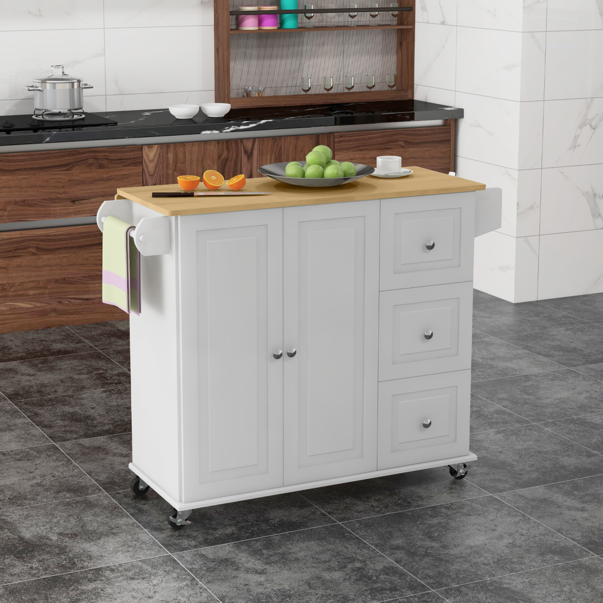 HOMCOM Kitchen Island Cart on Wheels with Drop Leaf, 3 Drawers & Cabinet – Rolling Kitchen Storage, White