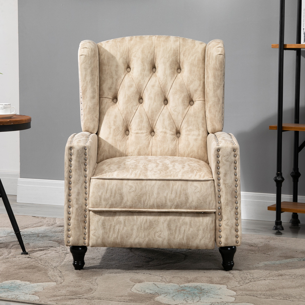 HOMCOM Marble-Effect Manual Reclining Armchair with Footrest & Decorative Studs – Living Room Recliner, Beige