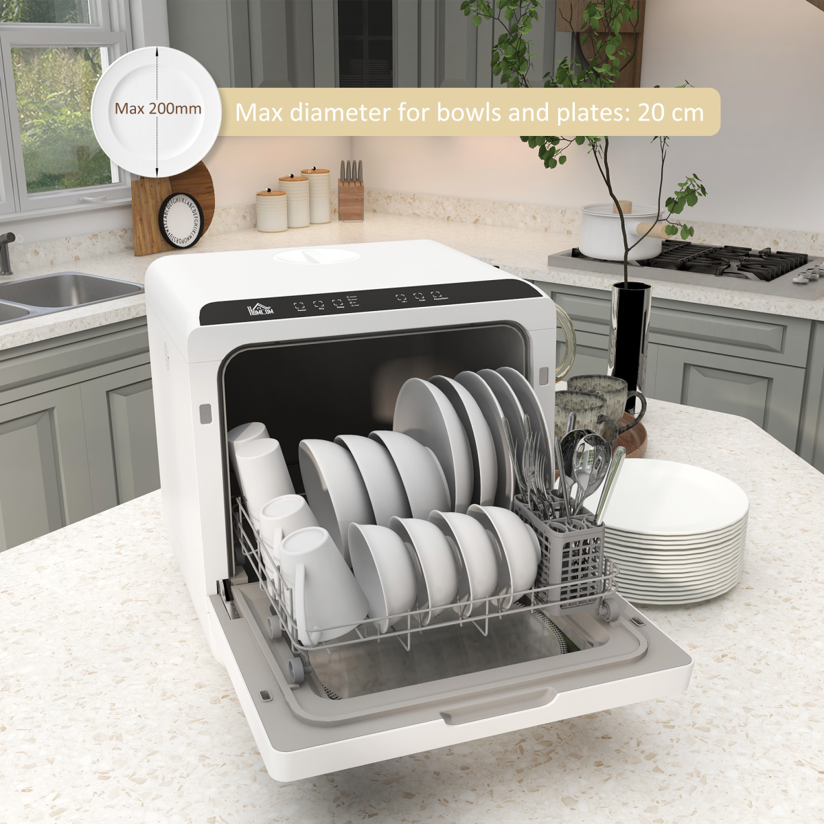HOMCOM Table Top Dishwasher with 4 Place Settings, 6 Programmes and Fruit Wash Mode – Countertop Dishwasher, White
