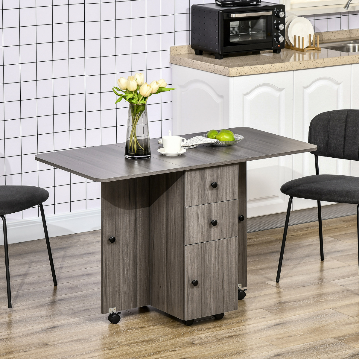 HOMCOM Drop Leaf Folding Dining Table with Storage Drawers & Cupboard – Space-Saving Kitchen Table, Grey