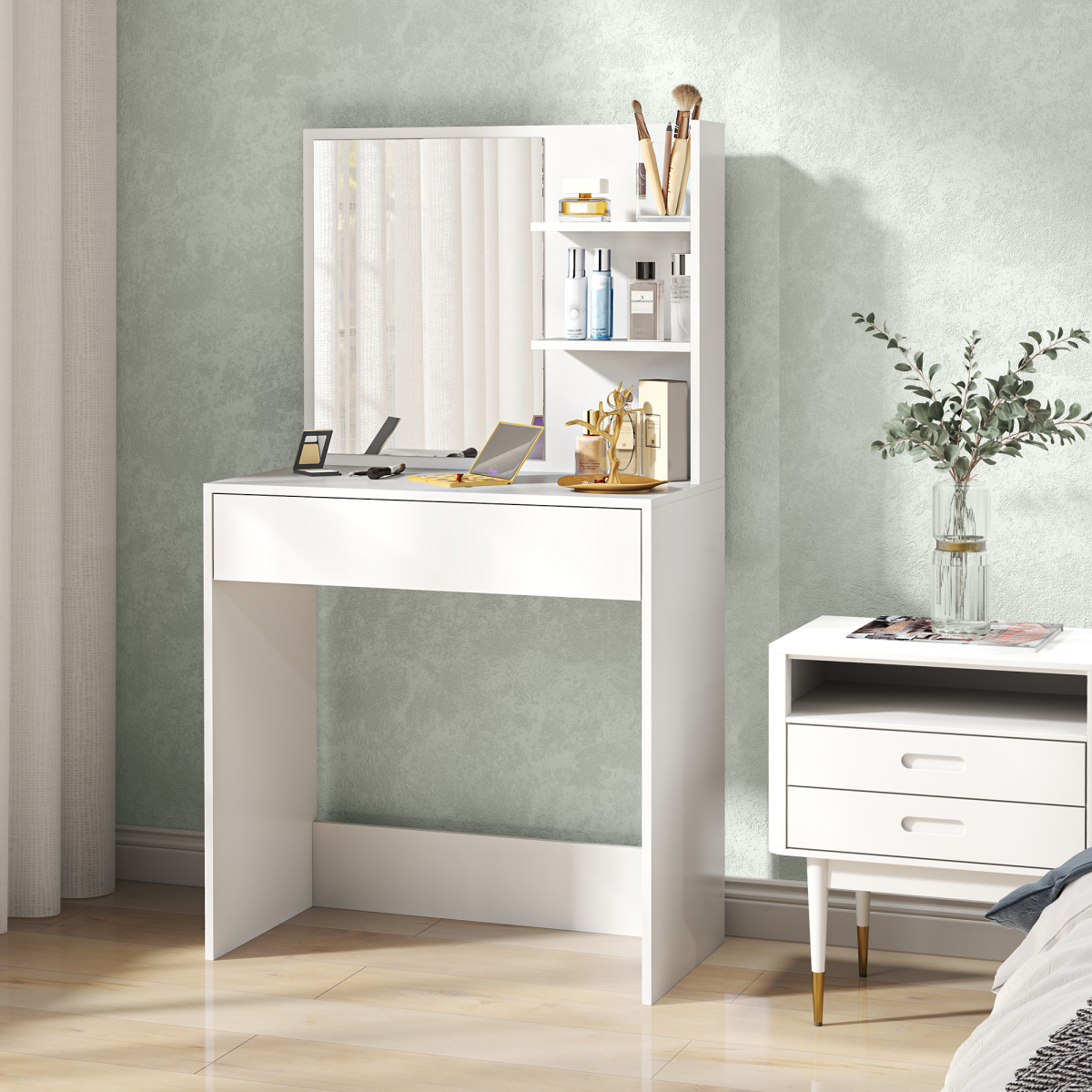 HOMCOM Modern Dressing Table with Large Mirror, Drawer & 3-Tier Open Shelves – Bedroom Vanity, White