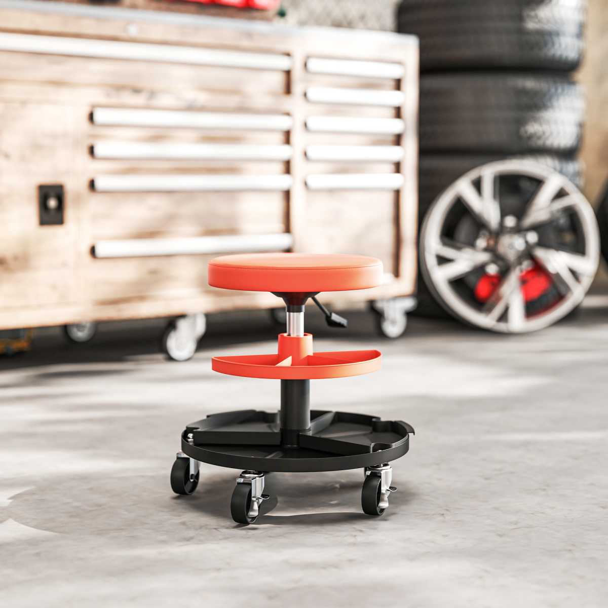 HOMCOM Rolling Mechanic Stool with Height Adjustment & Tool Trays, 135kg Capacity – Garage Workshop Seat, Yellow